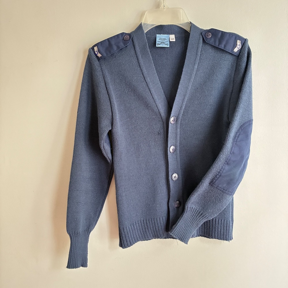 Military Equipment Cardigan Sweater Mens 30R Blue Epaulets Elbow Patch Utility - Picture 4 of 11